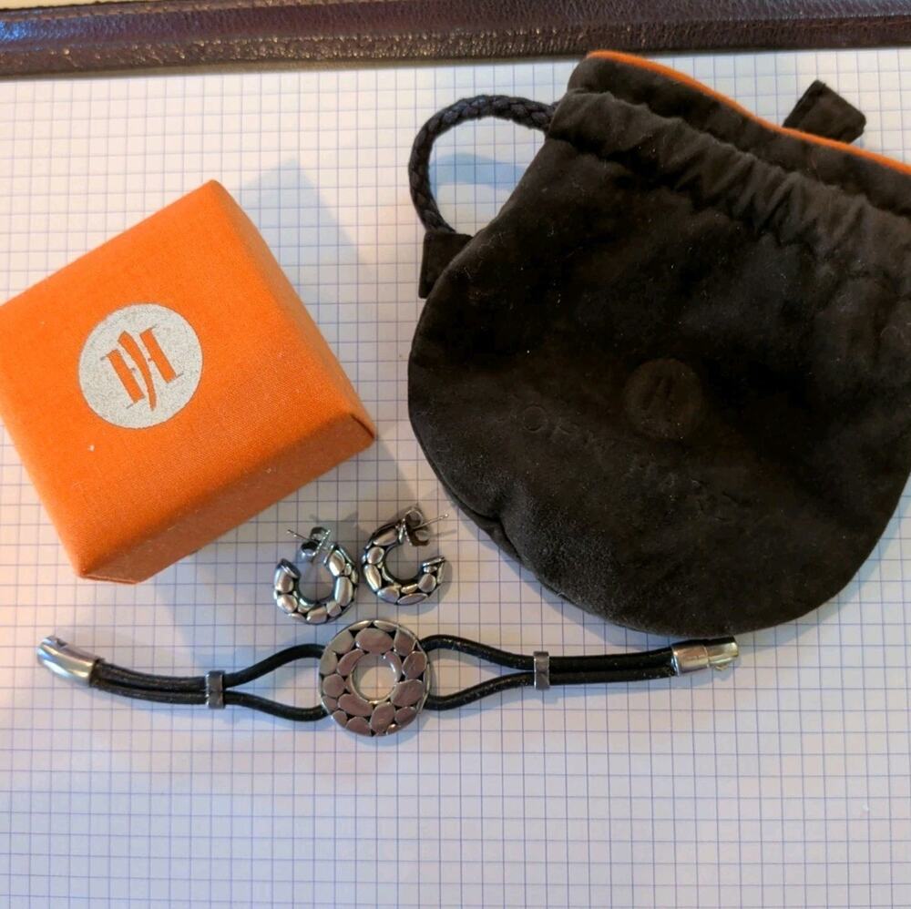 John Hardy Kali Sterling Silver Circle Leather Bracelet & Earrings Set 925